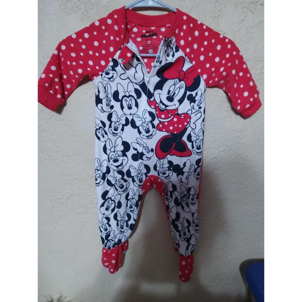 Disney Minnie Mouse Baby Girls Red Polka Dot Fleece Footed Sleeper Pajamas 18M